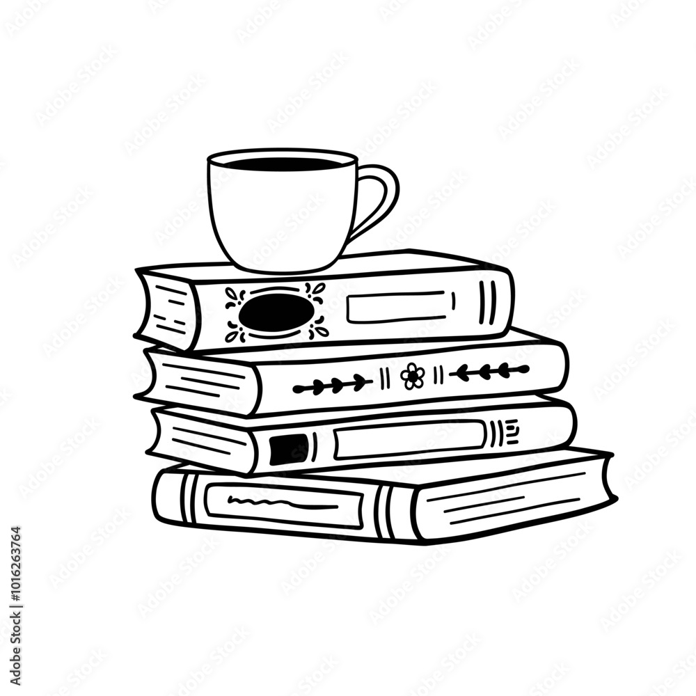 Stack of books with cup of coffee, cozy hand drawn vector illustration. Reading and drinking coffee Stack of books with cup of coffee, cozy hand drawn vector illustration. Reading and drinking coffee