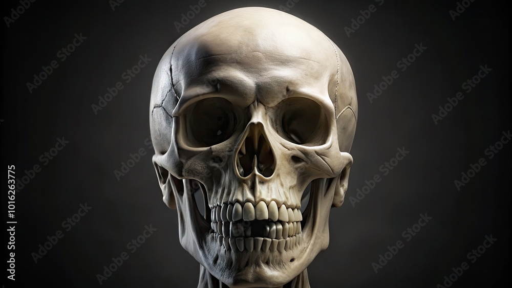 A highly detailed, isolated, 3D rendered skull and skeleton anatomy model, showcasing intricate bone structures, teeth, and cranial cavities in a neutral, eerie, grayscale tone. A highly detailed, isolated, 3D rendered skull and skeleton anatomy model, showcasing intricate bone structures, teeth, and cranial cavities in a neutral, eerie, grayscale tone.