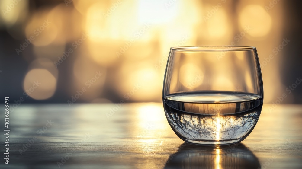 A glass filled with water sits on a table, reflecting warm light at sunset in a cozy indoor setting A glass filled with water sits on a table, reflecting warm light at sunset in a cozy indoor setting