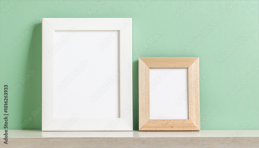 Two empty white picture frames with wooden frame leaning on green wall. Blank poster. Mock-up Two empty white picture frames with wooden frame leaning on green wall. Blank poster. Mock-up