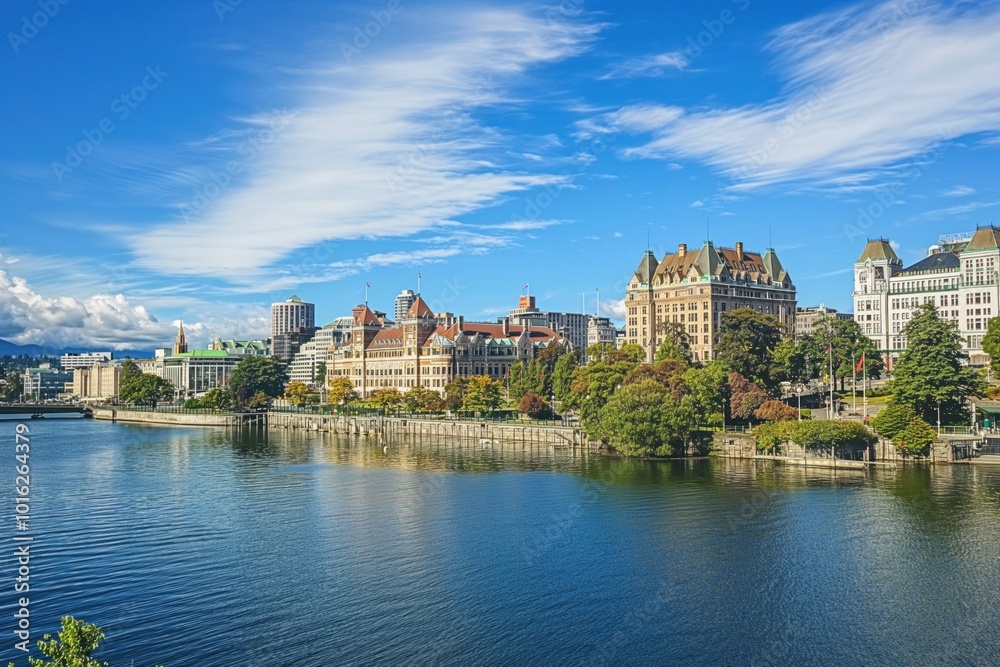 Panoramic city view of Victoria, BC, Canada. Cityscape with river flowing through. Ornate buildings on left, modern on right. Large structure with pointed roof, flat roof building on right. Panoramic city view of Victoria, BC, Canada. Cityscape with river flowing through. Ornate buildings on left, modern on right. Large structure with pointed roof, flat roof building on right.