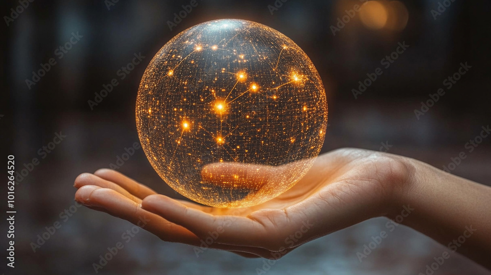 businesswoman’s hand gently holds a glowing globe representing a global network. The sphere symbolizes worldwide connectivity, innovation, and technology in a fast-evolving, interconnected digital wor