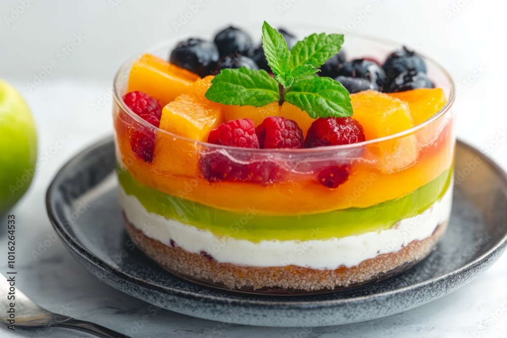 Vibrant Fresh Fruit Parfait with Mint Garnish and Yogurt Layers in a Glass Bowl Vibrant Fresh Fruit Parfait with Mint Garnish and Yogurt Layers in a Glass Bowl