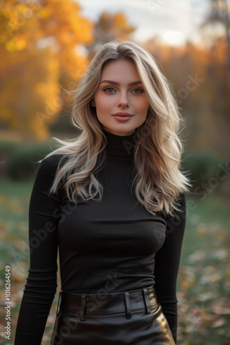 Blonde woman is wearing a black top and black skirt. She is standing in a field of yellow leaves