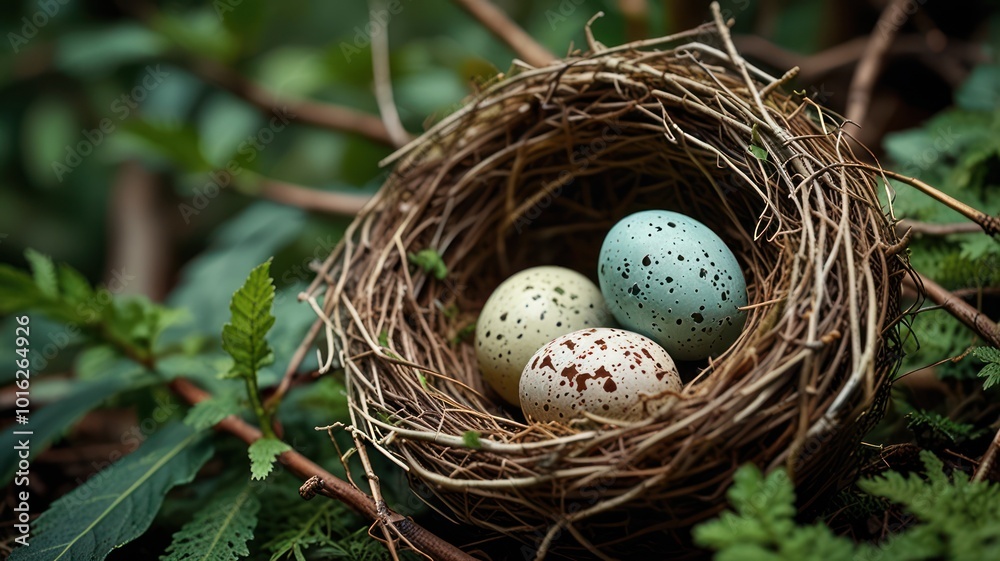Three speckled bird eggs nestled in a woven nest of twigs, surrounded by vibrant green foliage.