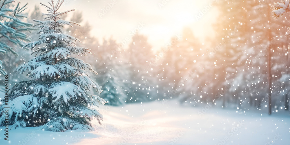 Sunlit Snowy Forest Path in Winter Wonderland