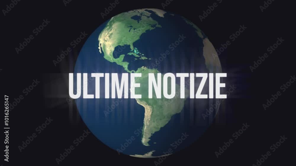A Breaking News text headline in Italian, Ultime Notizie, over semi-transparent blue box (copy space) and a background animation of a rotating planet Earth globe. Classic retro style. A Breaking News text headline in Italian, Ultime Notizie, over semi-transparent blue box (copy space) and a background animation of a rotating planet Earth globe. Classic retro style.