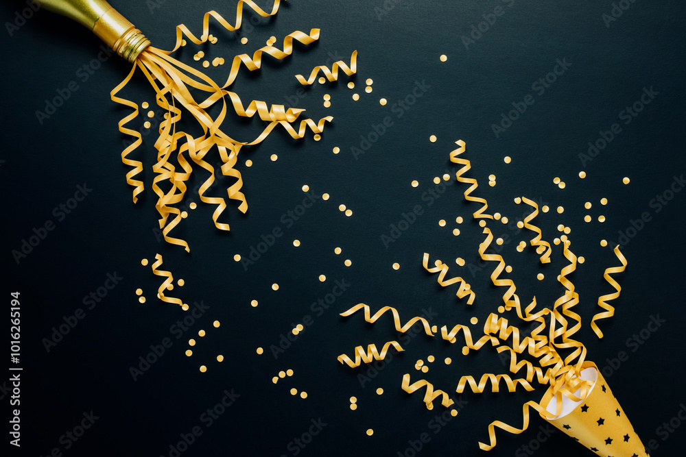 Gold champagne sparklers with explosion gold confetti ribbon streamer.for celebration and party concepts.decoration design ornaments Gold champagne sparklers with explosion gold confetti ribbon streamer.for celebration and party concepts.decoration design ornaments
