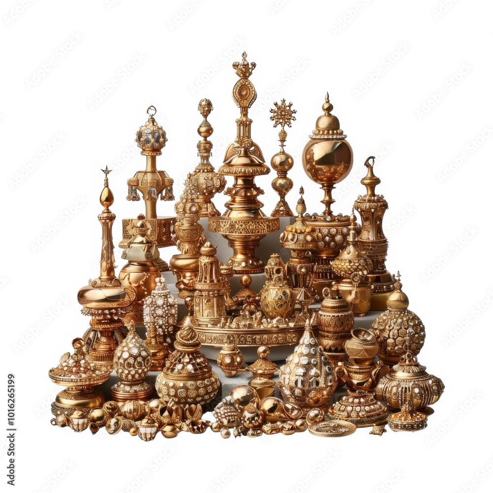 Ornate golden decorative objects displayed artistically Ornate golden decorative objects displayed artistically