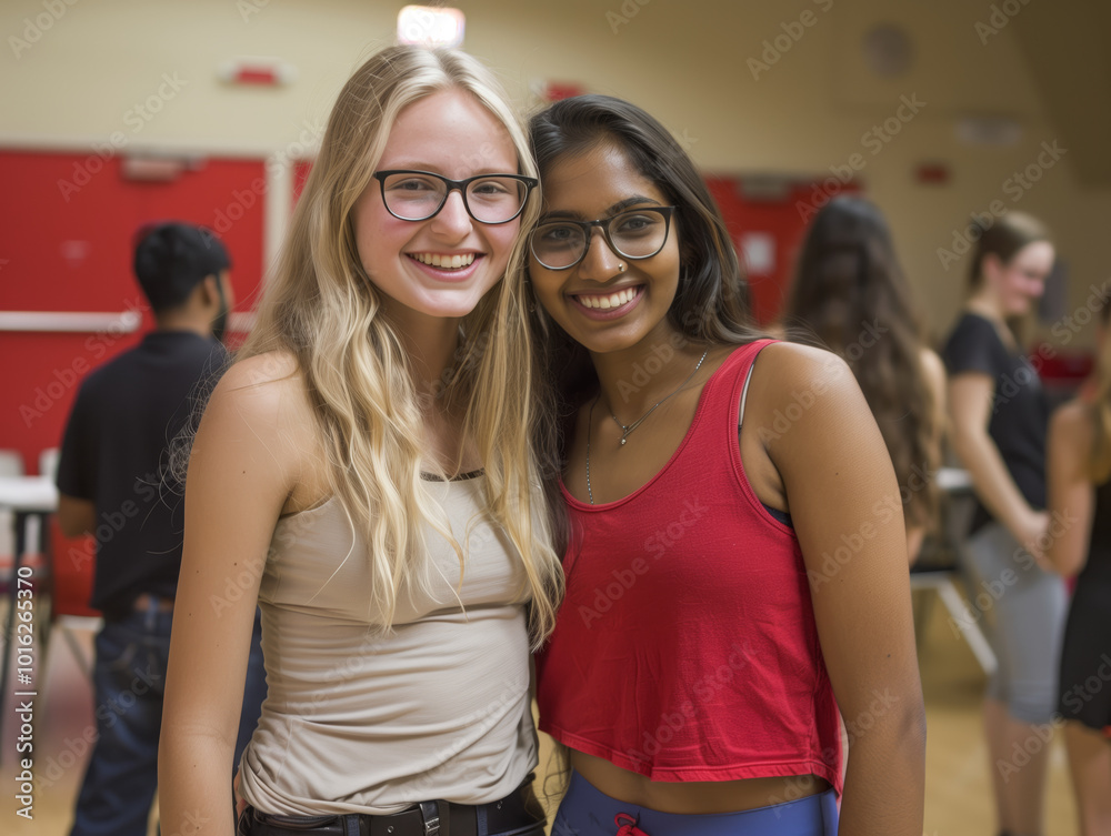 Two women are smiling for the camera. One of them is wearing glasses. They are posing for a photo Two women are smiling for the camera. One of them is wearing glasses. They are posing for a photo