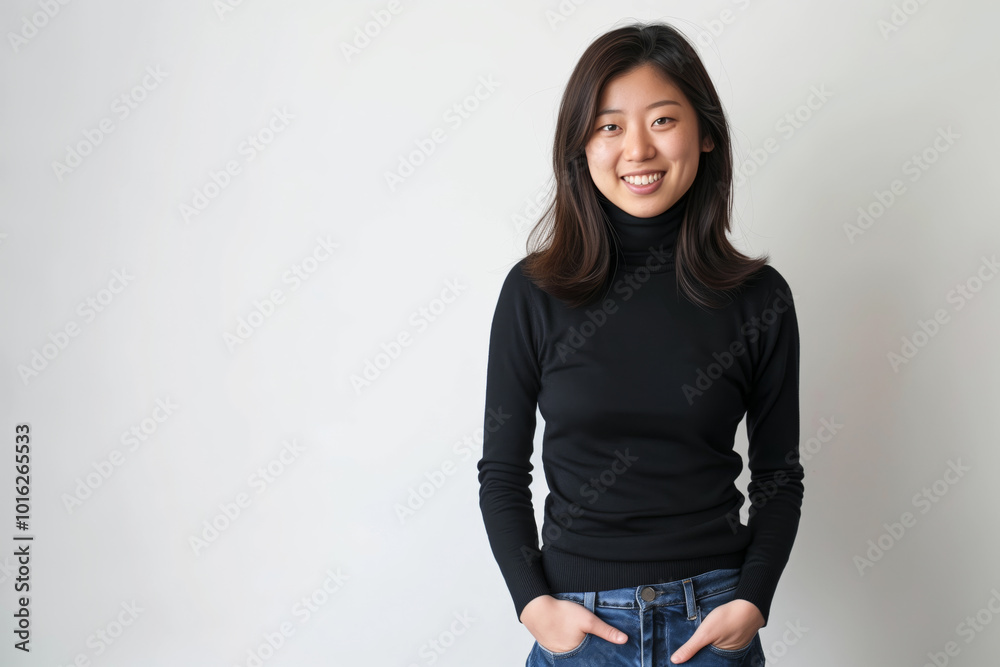 Woman in a black sweater and blue jeans is smiling Woman in a black sweater and blue jeans is smiling