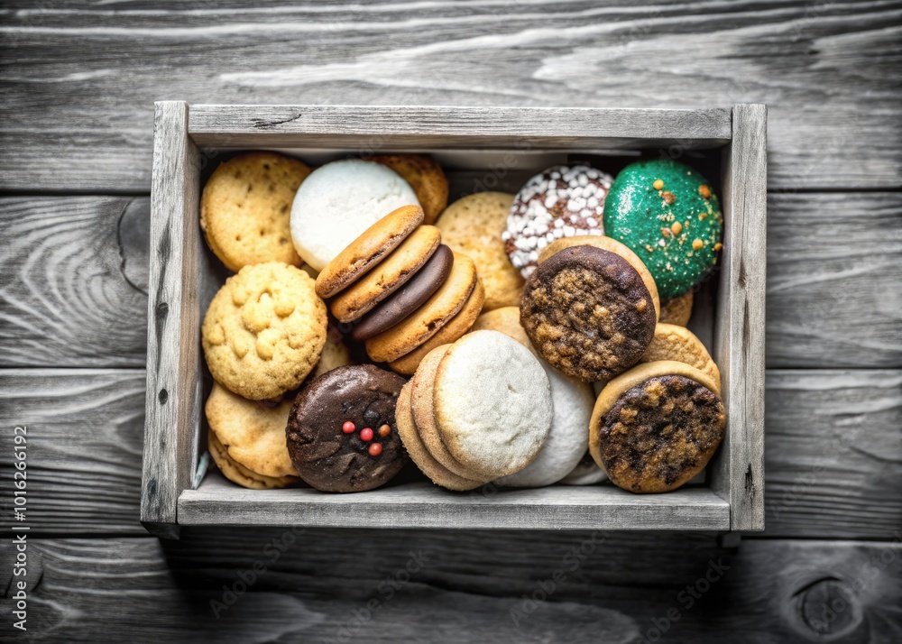Assorted Gourmet Cookies in Wooden Box on Black Background for Food Retail Displays Assorted Gourmet Cookies in Wooden Box on Black Background for Food Retail Displays