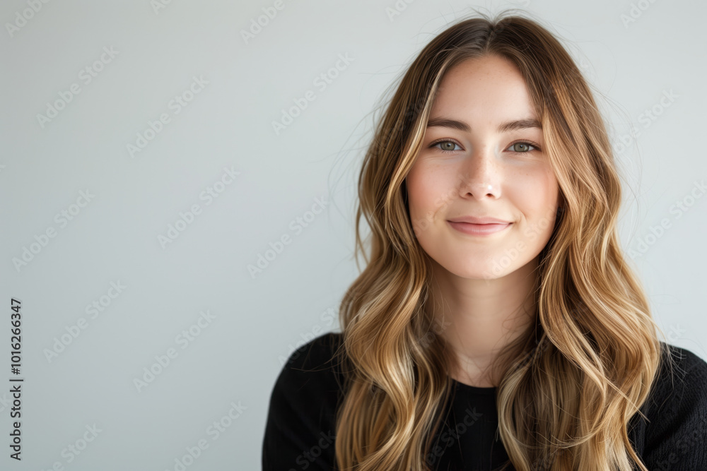Woman with long brown hair is smiling for the camera. She is wearing a black shirt and she is posing for a photo Woman with long brown hair is smiling for the camera. She is wearing a black shirt and she is posing for a photo