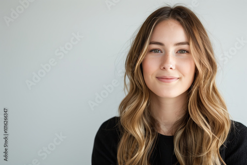 Woman with long brown hair is smiling for the camera. She is wearing a black shirt and she is posing for a photo