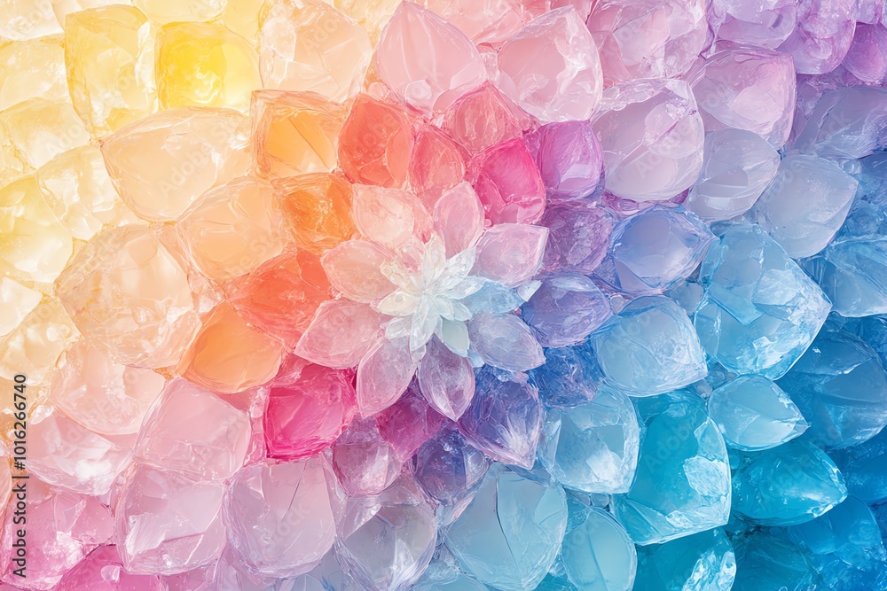 Abstract colorful background with a flower-like pattern created with overlapping translucent petals in a rainbow color palette. Abstract colorful background with a flower-like pattern created with overlapping translucent petals in a rainbow color palette.