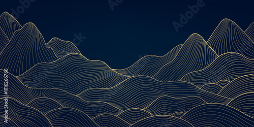 Vector line mountains and water background, japanese nature illustration. Curve wave asian landscape wallpaper.