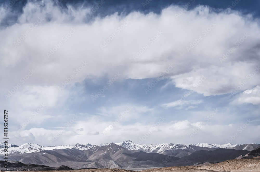 Panoramic landscape of textured Tien Shan mountains in Pamir in Tajikistan, panoramic landscape of a mountain range with snow and glaciers in summer Panoramic landscape of textured Tien Shan mountains in Pamir in Tajikistan, panoramic landscape of a mountain range with snow and glaciers in summer