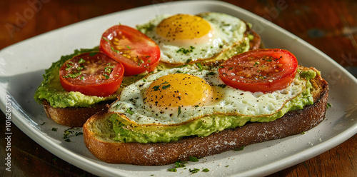 Two slices of toast covered with creamy avocado, topped with perfectly fried eggs and juicy tomato slices, served on a plate, offering a nutritious, vibrant meal.