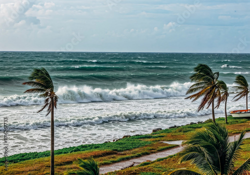 Tropical storm waves crashing on a windy beach with swaying palm trees photo