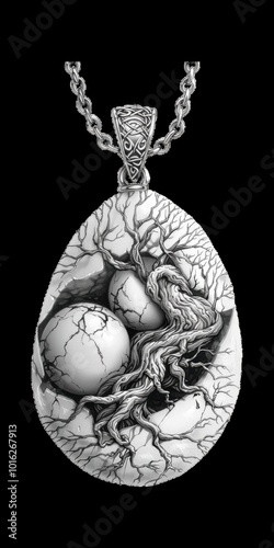 Intricate tree and egg design on a sculpted pendant