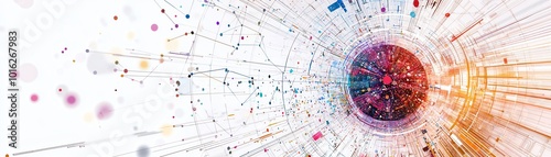 Abstract representation of digital data flow with colorful orbs and vibrant lines on a white background.