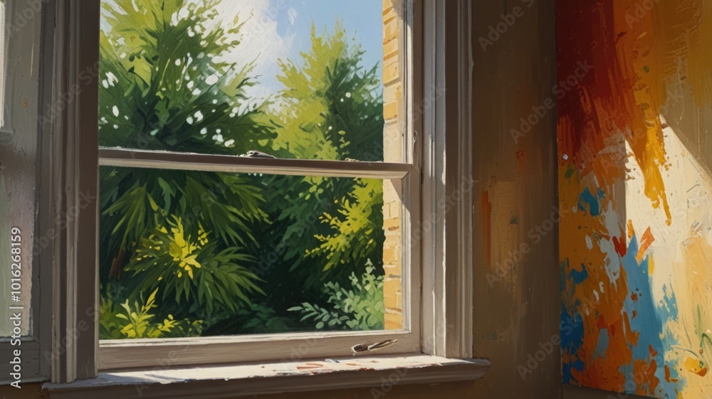 Fototapeta premium A vibrant view from an artist's studio window showcasing lush greenery and colorful paint splashes on the wall