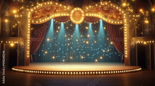 Vintage Circus Tent Interior: An Empty Arena with Red and White Draped Curtains, and Dramatic Lighting on the Center Stage