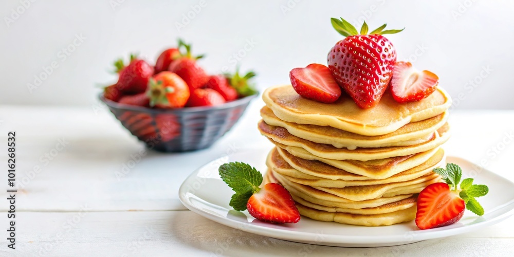 heart shaped pancakes with strawberry on white background heart shaped pancakes with strawberry on white background