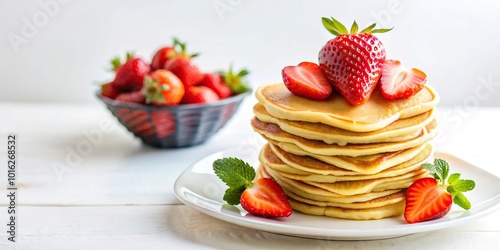 heart shaped pancakes with strawberry on white background