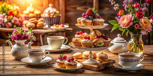 Beautiful English Afternoon Tea and Desserts in Cozy Coffee Shop Setting for Perfect Relaxation