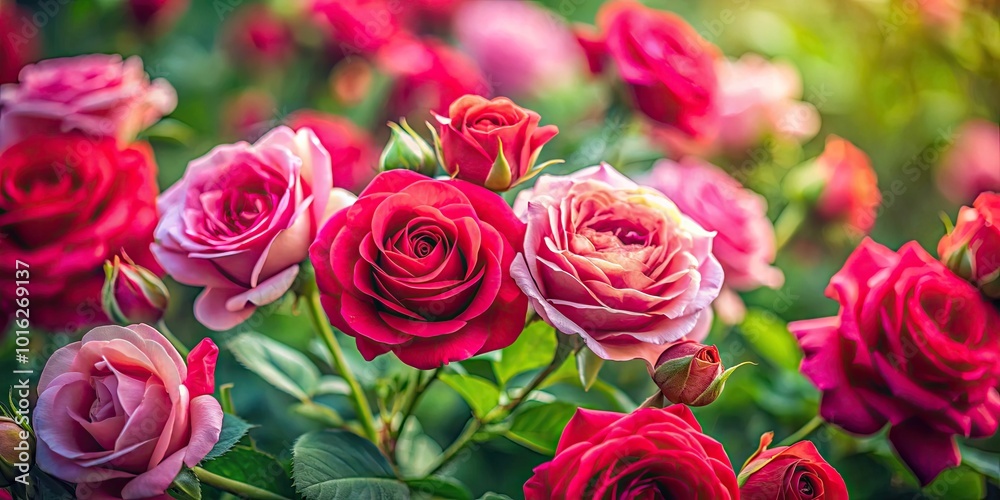 Beautiful Tilt-Shift Photography of Pink and Red Roses Surrounded by Lush Green Leaves for Floral Enthusiasts