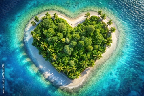 Heart shaped tropical island paradise reflected in water