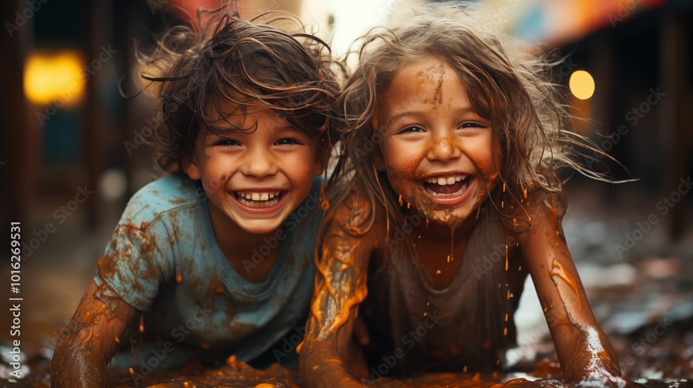 Kids laughing and having fun shows dirty hands with colorful paint Kids laughing and having fun shows dirty hands with colorful paint