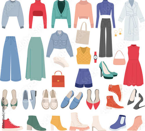 Set of clothes in flat style on white background, vector