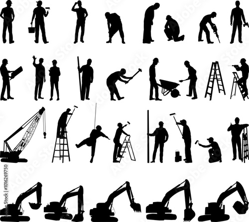 set of builders working silhouette on white background, vector