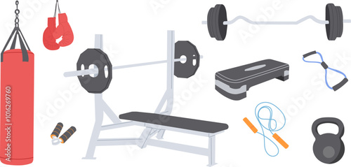 barbell, punching bag, gloves set on white background, vector