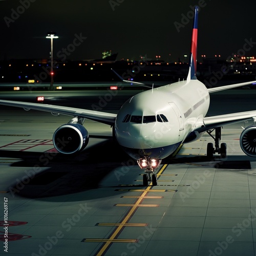 Large commercial airplane parked on airport tarmac. Pristine white aircraft with red tail and blue stripe. Yellow lines guide aircraft path on runway. Airport terminal and buildings in background. photo