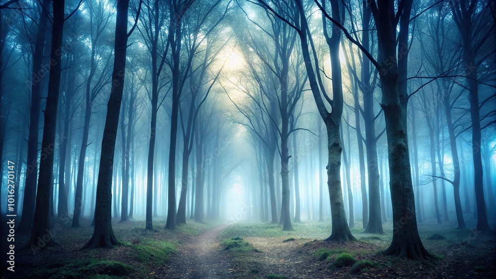 Naklejka premium Mysterious fog covers forest in spooky atmosphere