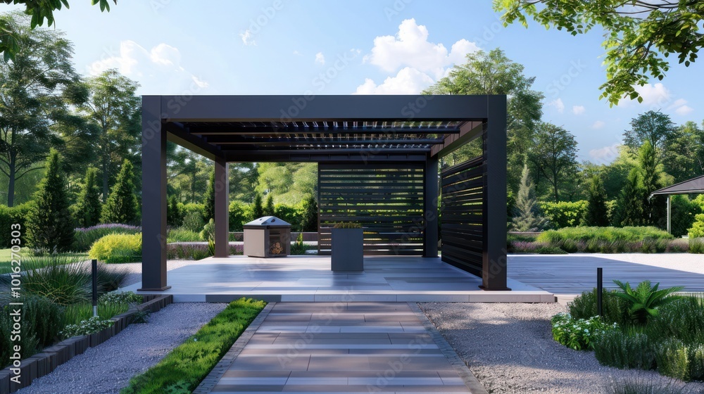 Modern Black Pergola with Stone Patio and Lush Greenery