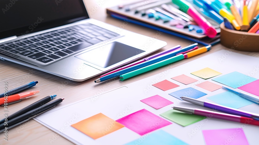 Fototapeta premium A creative workspace for a graphic designer, featuring a tablet, a laptop, colorful pens, and sticky notes, all laid out on a wooden desk