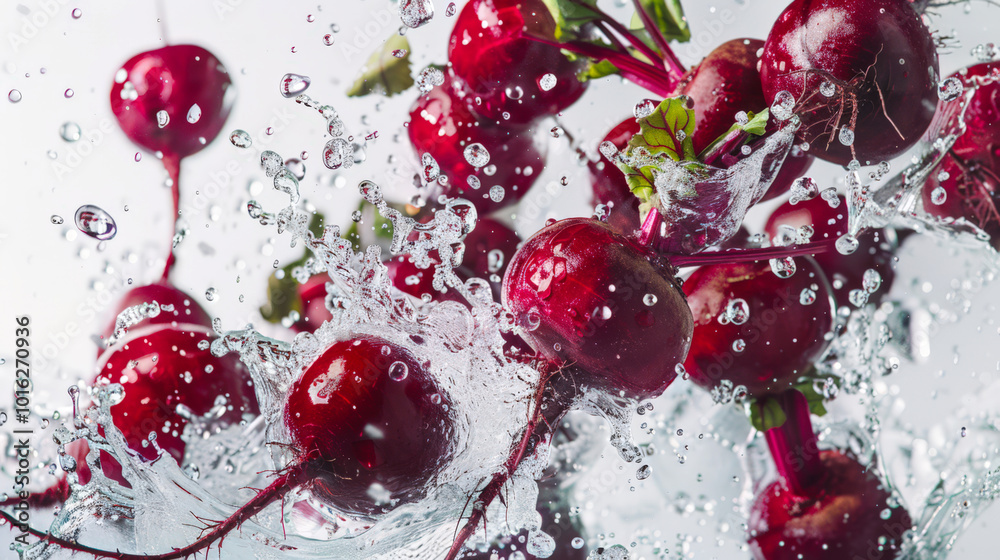 Several juicy beetroot roots fall into the clear transparent spring water on a white background. A handful of beets is splashing in the water. A natural organic product Several juicy beetroot roots fall into the clear transparent spring water on a white background. A handful of beets is splashing in the water. A natural organic product
