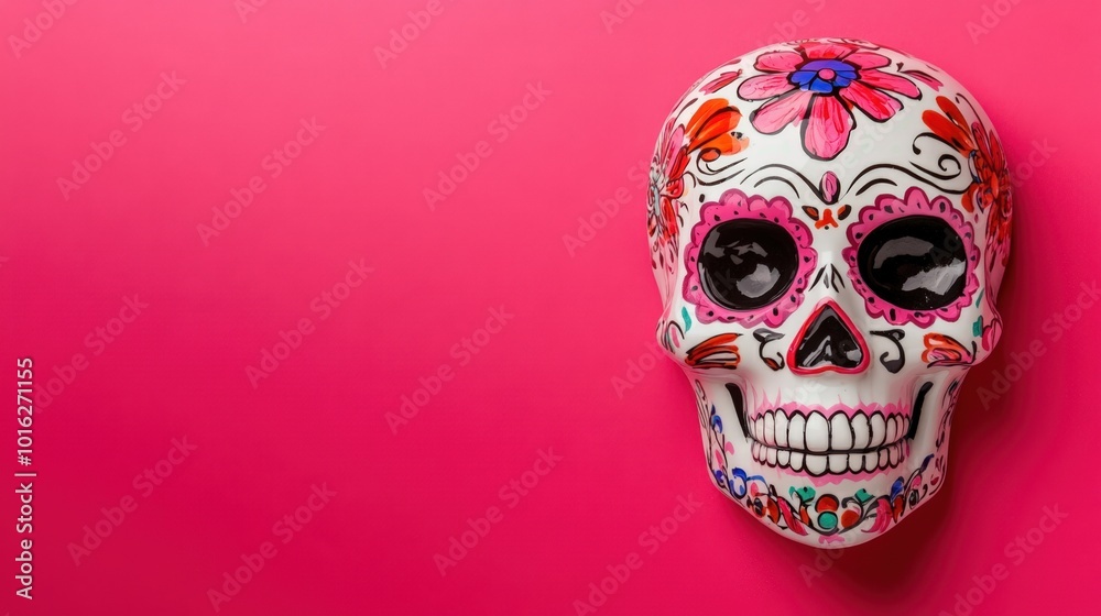 Traditional Calavera (Sugar Skull) for Dia de Los Muertos (Day of the dead), pink backdrop, copy space. Generative AI Traditional Calavera (Sugar Skull) for Dia de Los Muertos (Day of the dead), pink backdrop, copy space. Generative AI