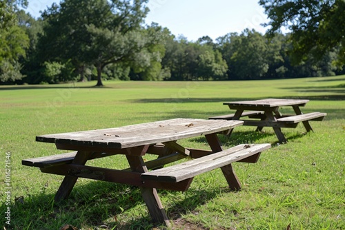 Two wooden picnic tables sit on a grassy field with trees in the background.