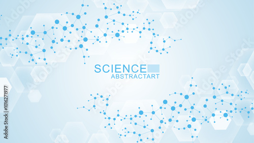 Modern abstract molecules structure for science or medical background. DNA helix or atom visualization. Molecular wave flow abstract background. Vector illustration