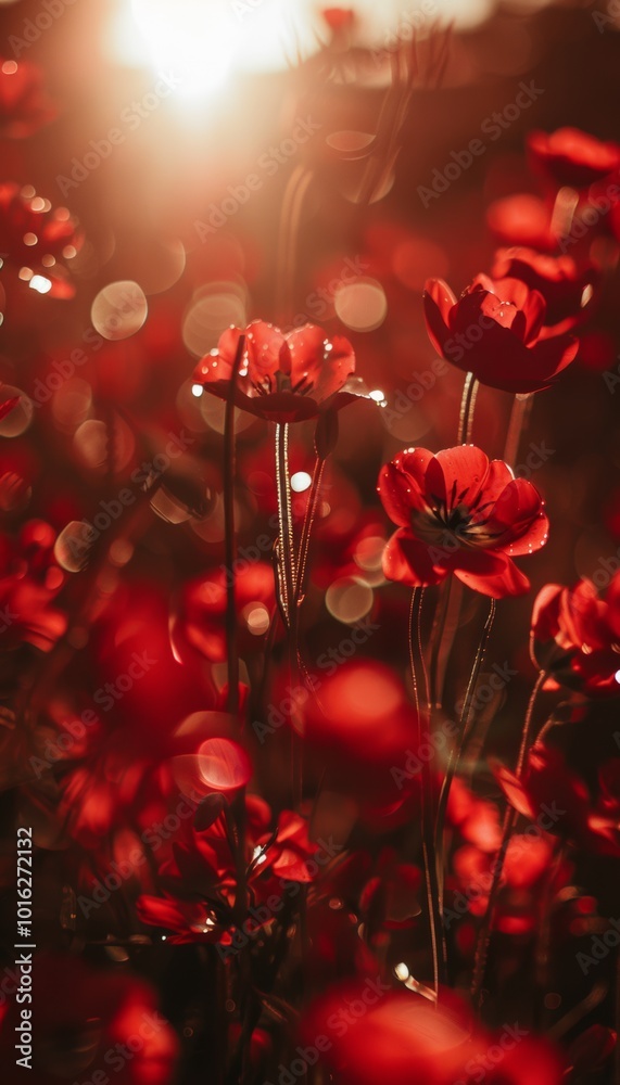 Obraz premium Red poppies bloom in a field of wildflowers, bathed in the golden light of the setting sun.