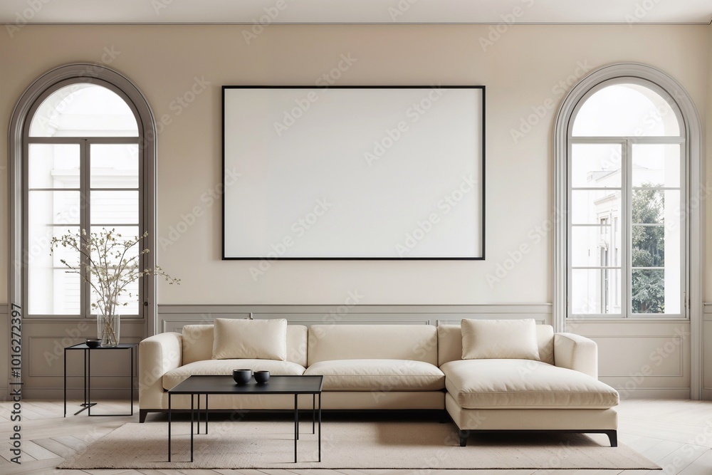 modern living room with sofa and two arched windows with a blank picture frame on wall modern living room with sofa and two arched windows with a blank picture frame on wall
