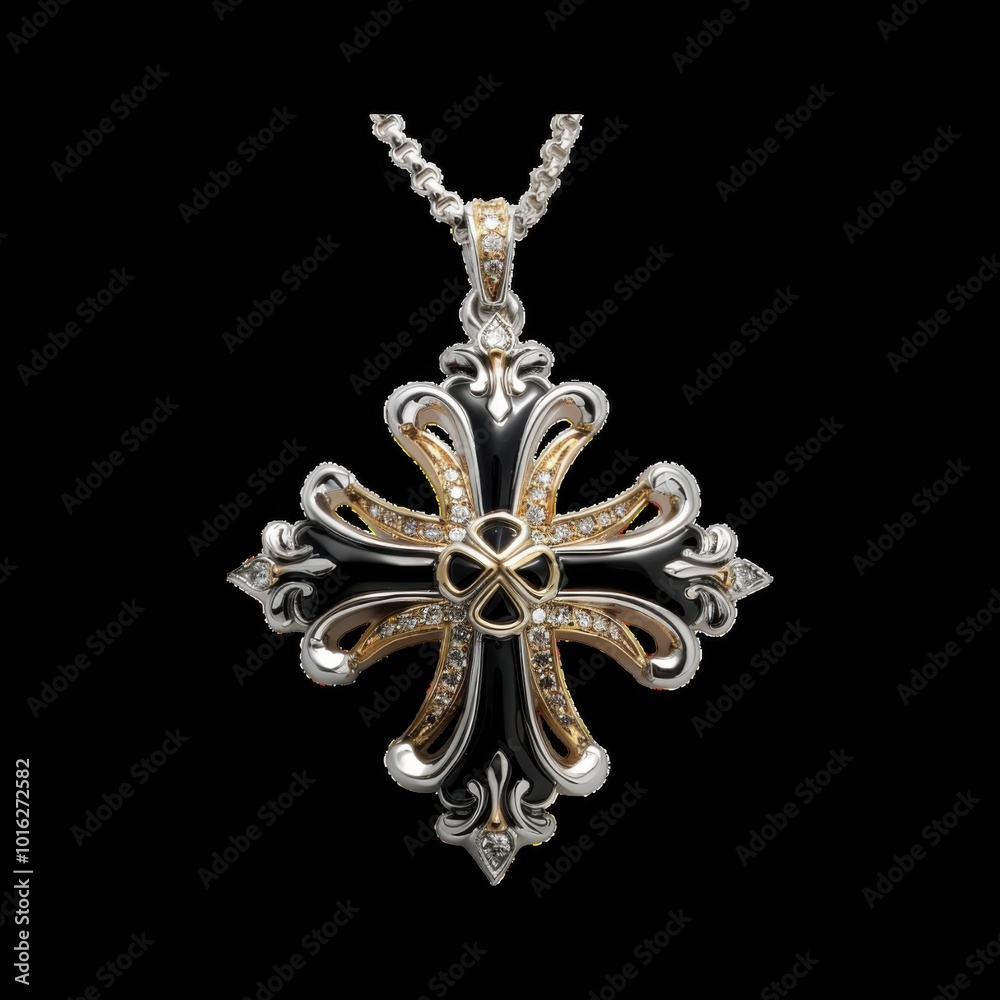 Elegant silver and gold cross pendant on display Elegant silver and gold cross pendant on display