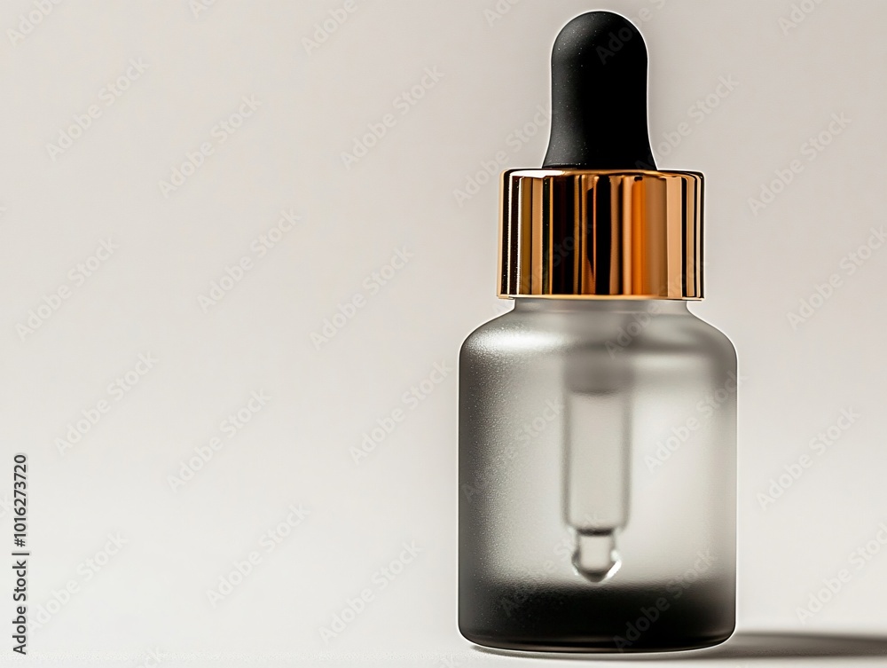 A frosted glass bottle with a dropper and a gold top on a white background. A frosted glass bottle with a dropper and a gold top on a white background.