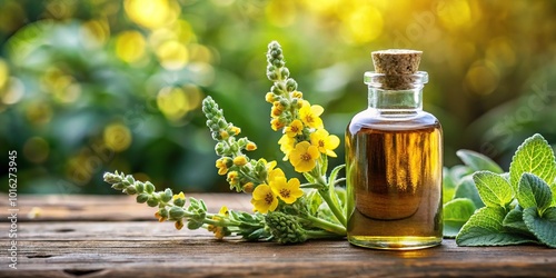 Herbal tincture bottle with blooming mullein plant in focus