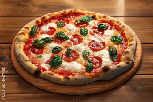 Freshly baked Neapolitan pizza on wooden board. Golden crust, red sauce, melted cheese, green basil leaves. Rustic kitchen culinary scene, homemade cook, freshly prepared meal. Italian dough, sliced